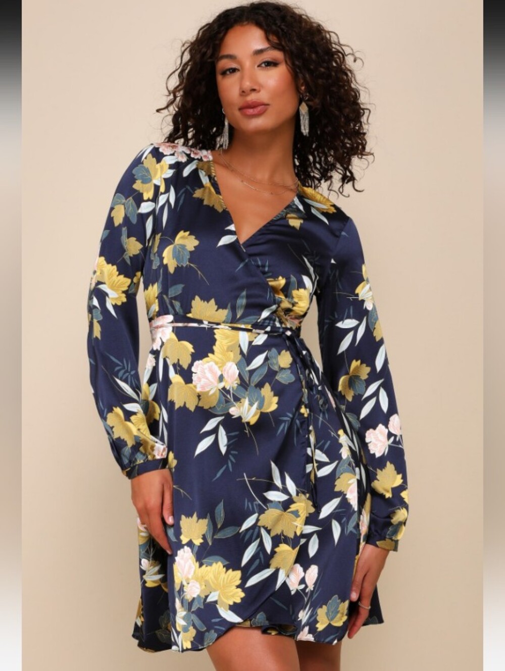 NWT Love is Life Navy Blue Floral Print Satin Wrap Dress XL